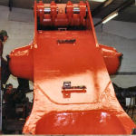 This is an O&K 120 back-actor boom that we modified here in our workshop. We removed the whole top section of the boom, fabricated the whole assembly, and placed the fabricated piece back onto the boom, then line-bored the pick-up points.