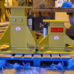 Shown in these photographs are air assisted stands designed and fabricated by our company. This particular order is to support a CAT D10 dozer for undercarriage refurbishment..  The stands pictured here are heavy duty but can be moved easily by fork lift or pallet lift. They can be made in any size to suit your requirements. With this design it eliminates any need for manual lifting or pushing, lumps of wood or pieces of steel to pack, which result in an unstable base and danger of collapse. Just turn the air valve to the height required, then push the double lock pin in.