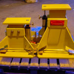 Shown in these photographs are air assisted stands designed and fabricated by our company. This particular order is to support a CAT D10 dozer for undercarriage refurbishment..  The stands pictured here are heavy duty but can be moved easily by fork lift or pallet lift. They can be made in any size to suit your requirements. With this design it eliminates any need for manual lifting or pushing, lumps of wood or pieces of steel to pack, which result in an unstable base and danger of collapse. Just turn the air valve to the height required, then push the double lock pin in.